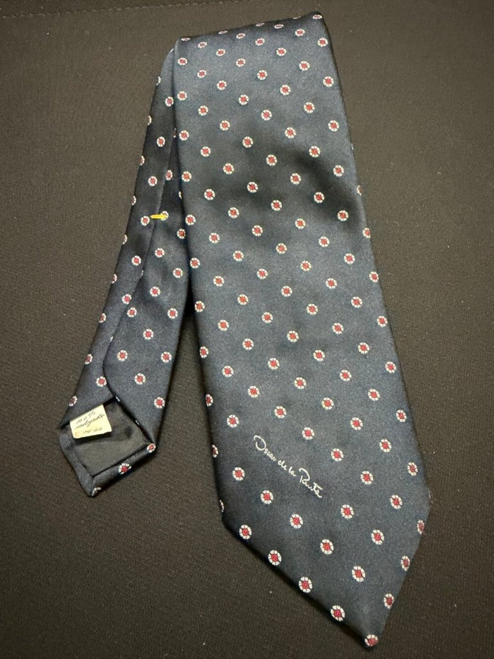 Oscar de la Renta Navy Tie Red White Floral Dot 100 Percent Polyester